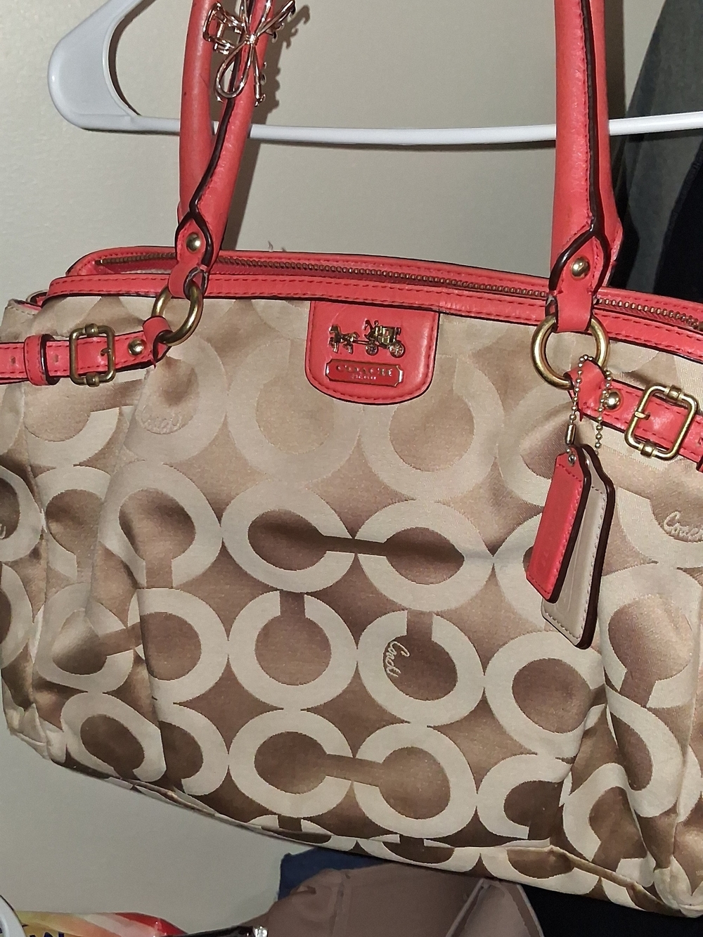 Coach Beige Signature Shoulder Bag with Coral Trim